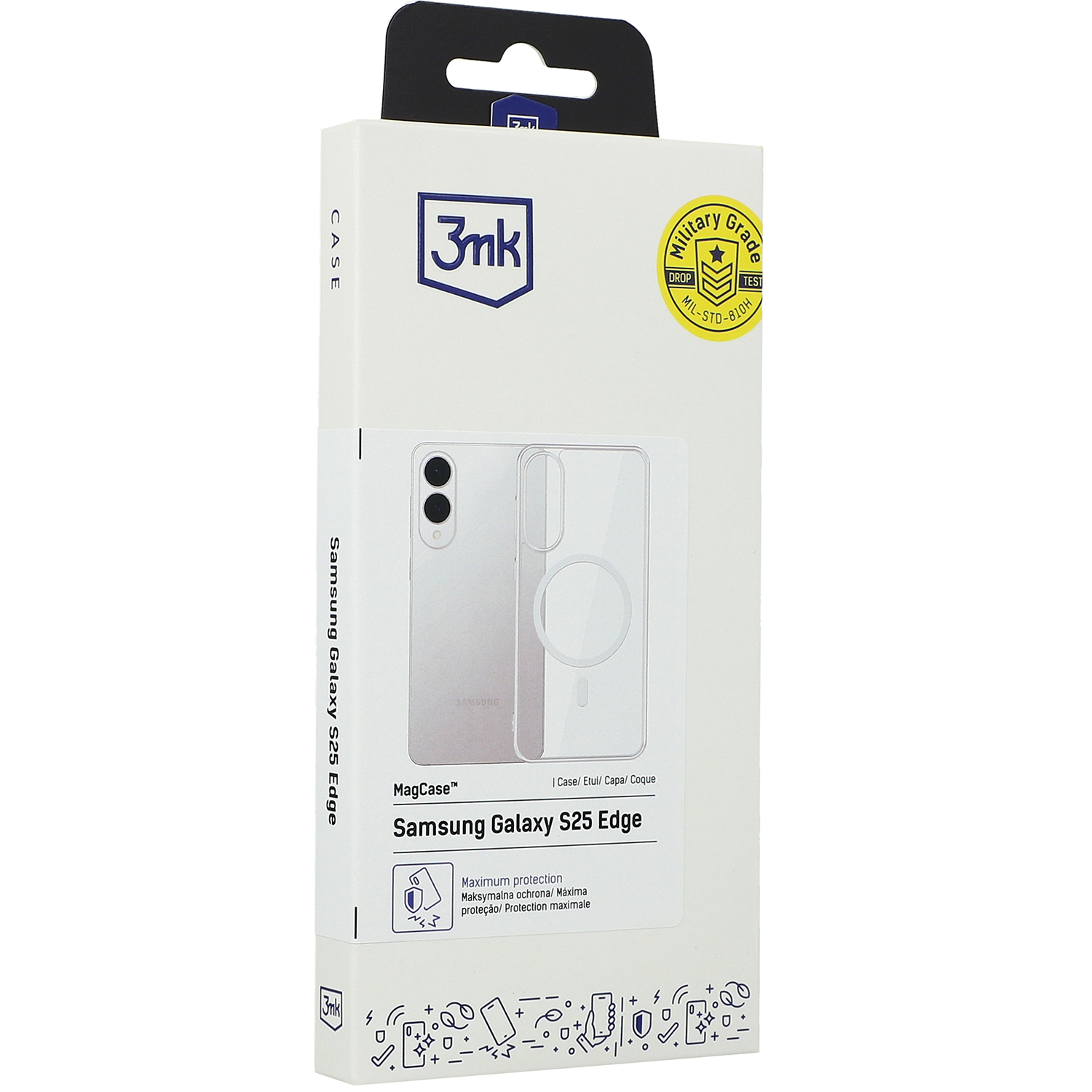 Oryginalne etui MagCase z MagSafe od marki 3mk dla Galaxy S25 Edge, przezroczysto-białe.